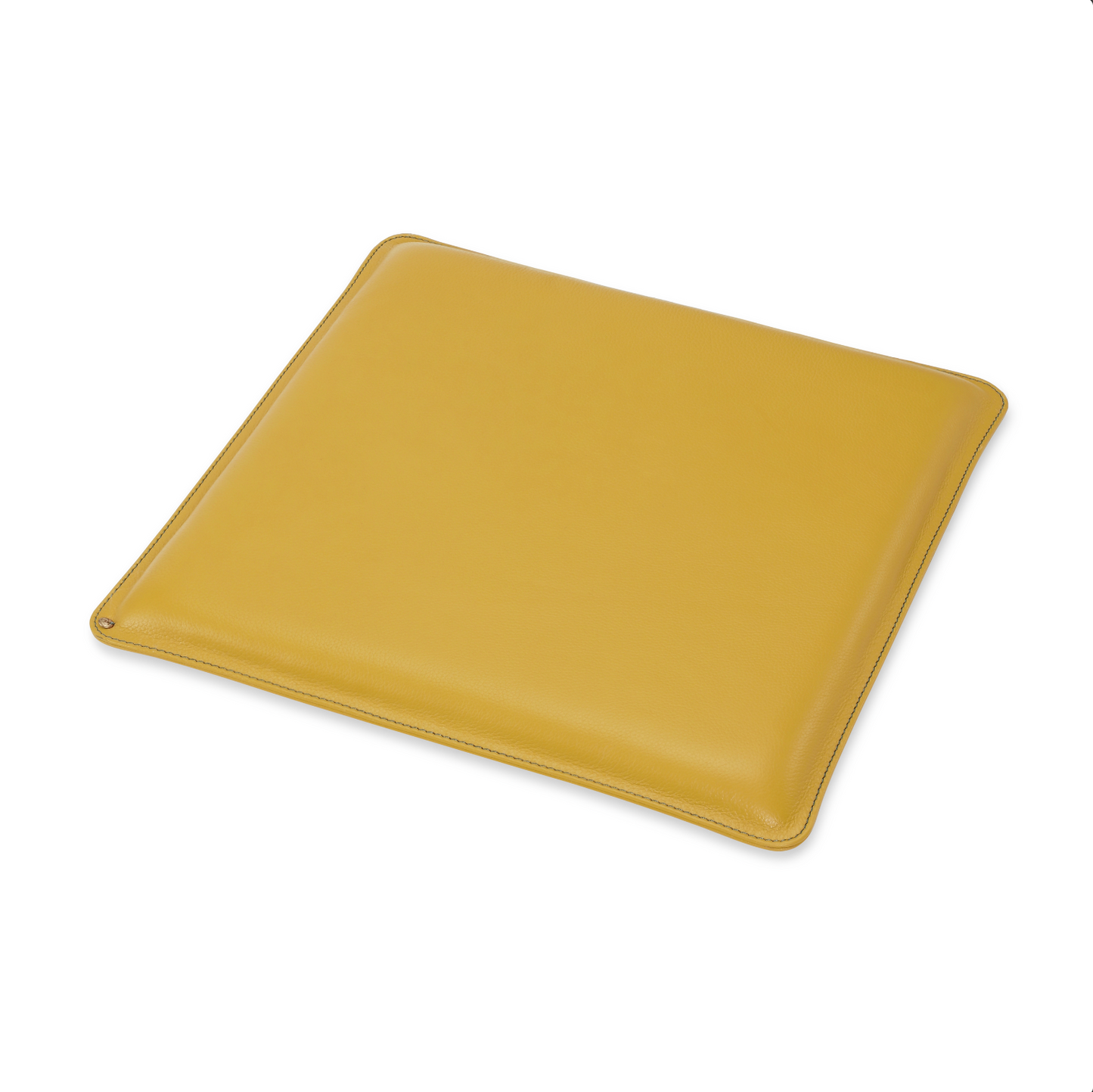 Square leather seat cushion in Mellow Yellow with Green Pine stitching