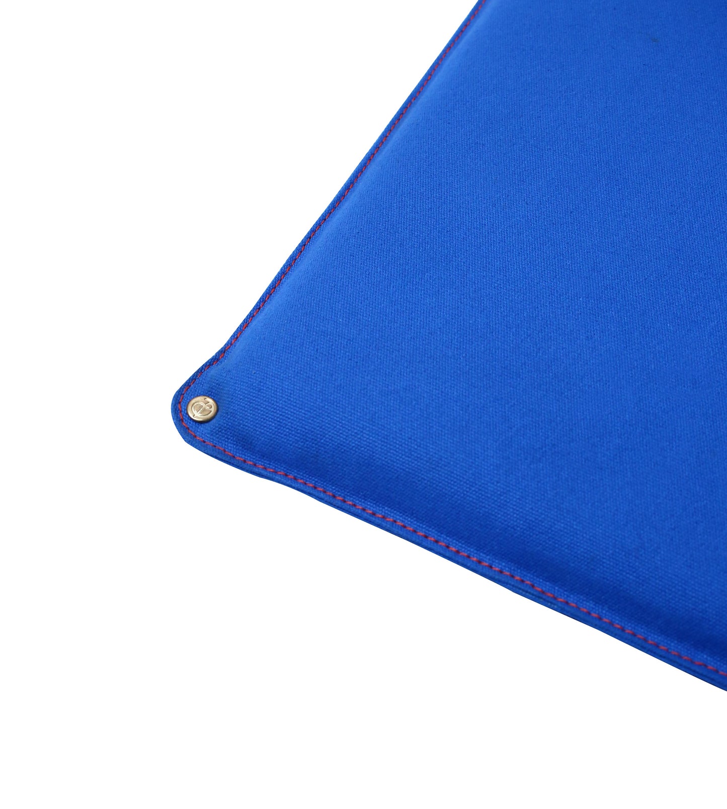 Square water-resistant canvas seat (seat cushion) in Bold Blue with Sunset Orange stitching for chairs