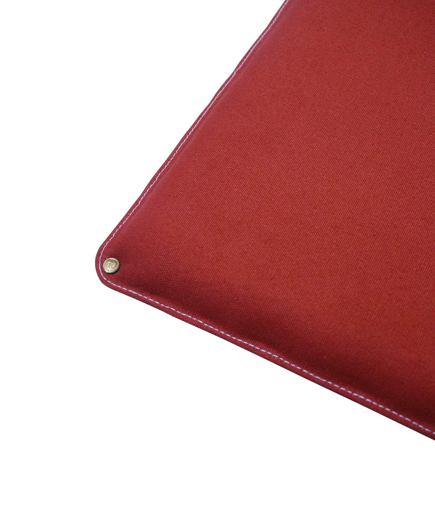 Square water-resistant canvas seat (seat pad) in Burning Rust with Big Blue stitching for chairs