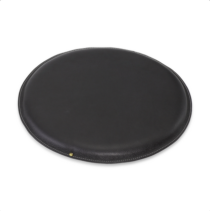 Round leather seat cushion in Almost Black with Moisty Oyster stitching