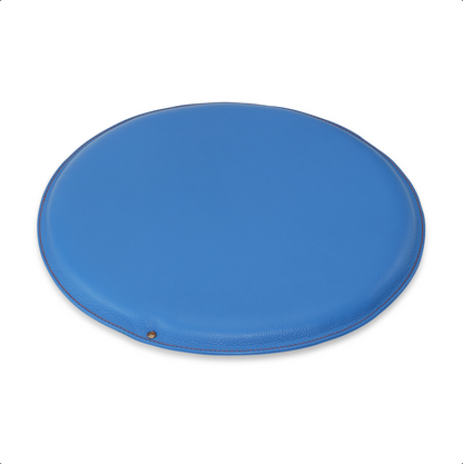 Round leather seat cushion in Bold Blue with Sunset Orange stitching
